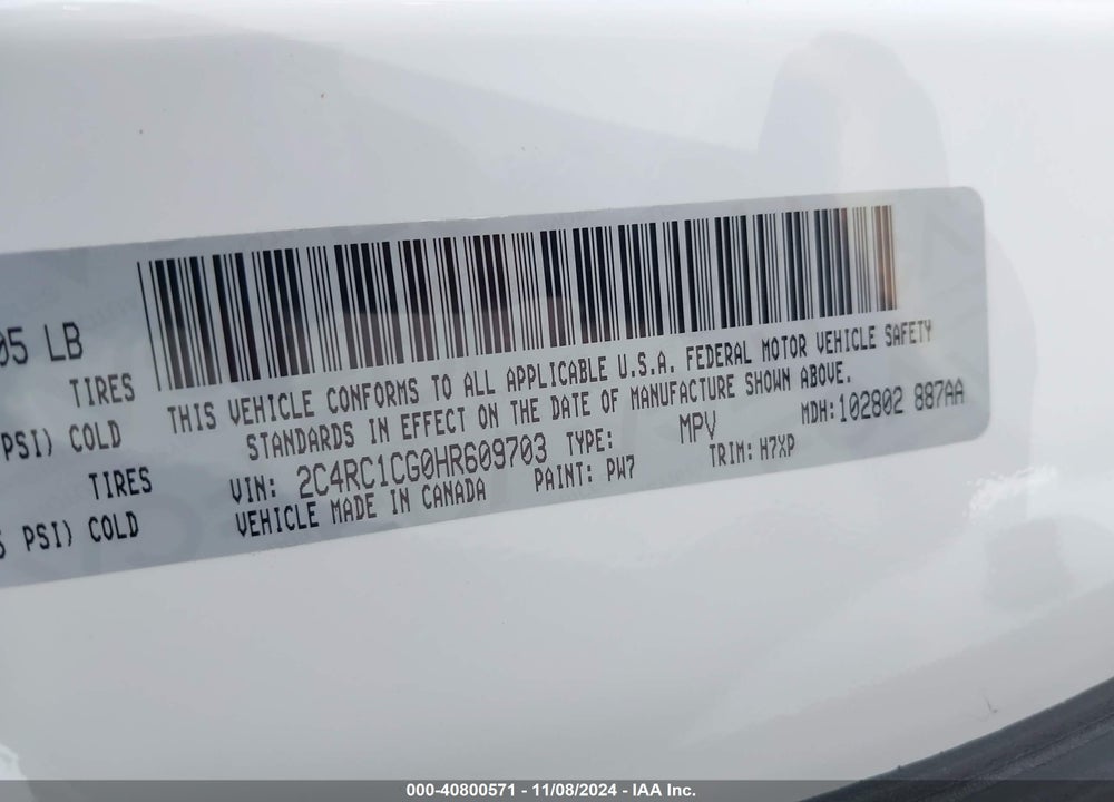 2017 CHRYSLER PACIFICA LX VIN: 2C4RC1CG0HR609703