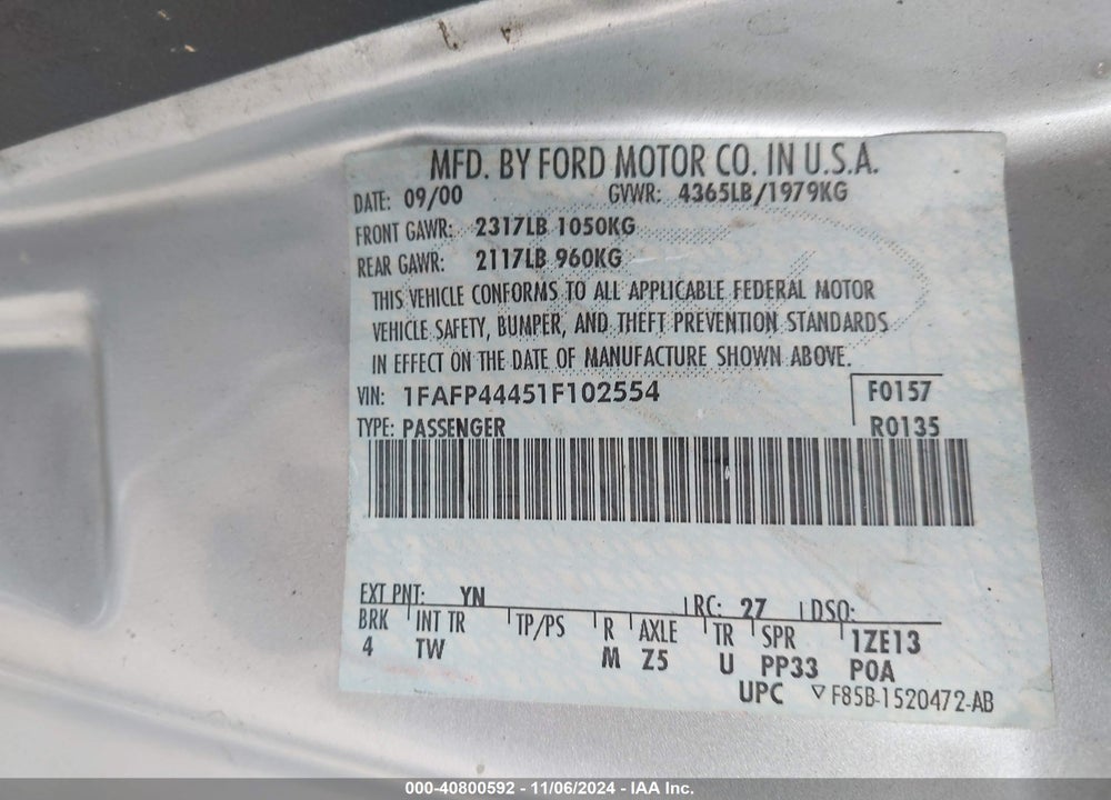 2001 FORD MUSTANG VIN: 1FAFP44451F102554