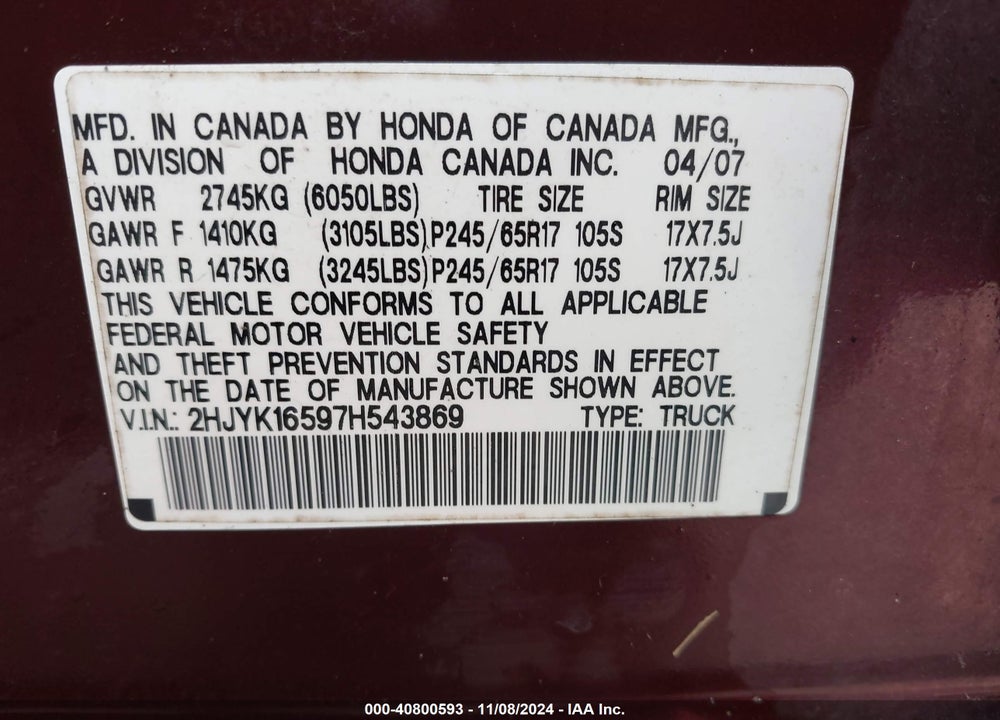 2007 HONDA RIDGELINE RTL VIN: 2HJYK16597H543869