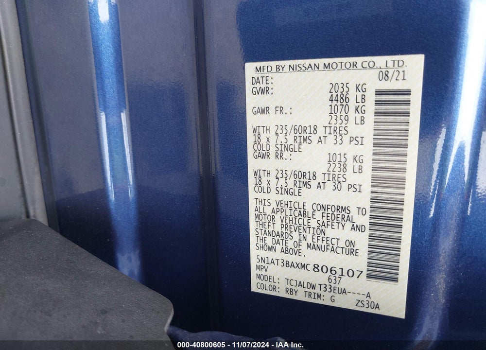 2021 NISSAN ROGUE SV FWD VIN: 5N1AT3BAXMC806107