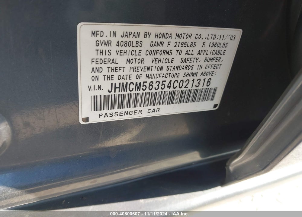 2004 HONDA ACCORD SDN LX VIN: JHMCM56354C021316