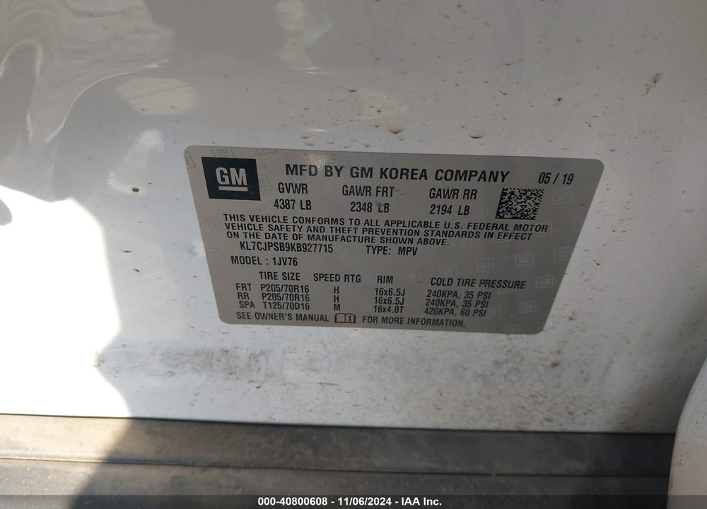 2019 CHEVROLET TRAX LT VIN: KL7CJPSB9KB927715