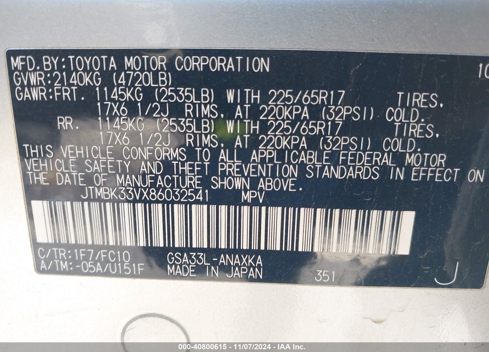 2008 TOYOTA RAV4 BASE V6 VIN: JTMBK33VX86032541