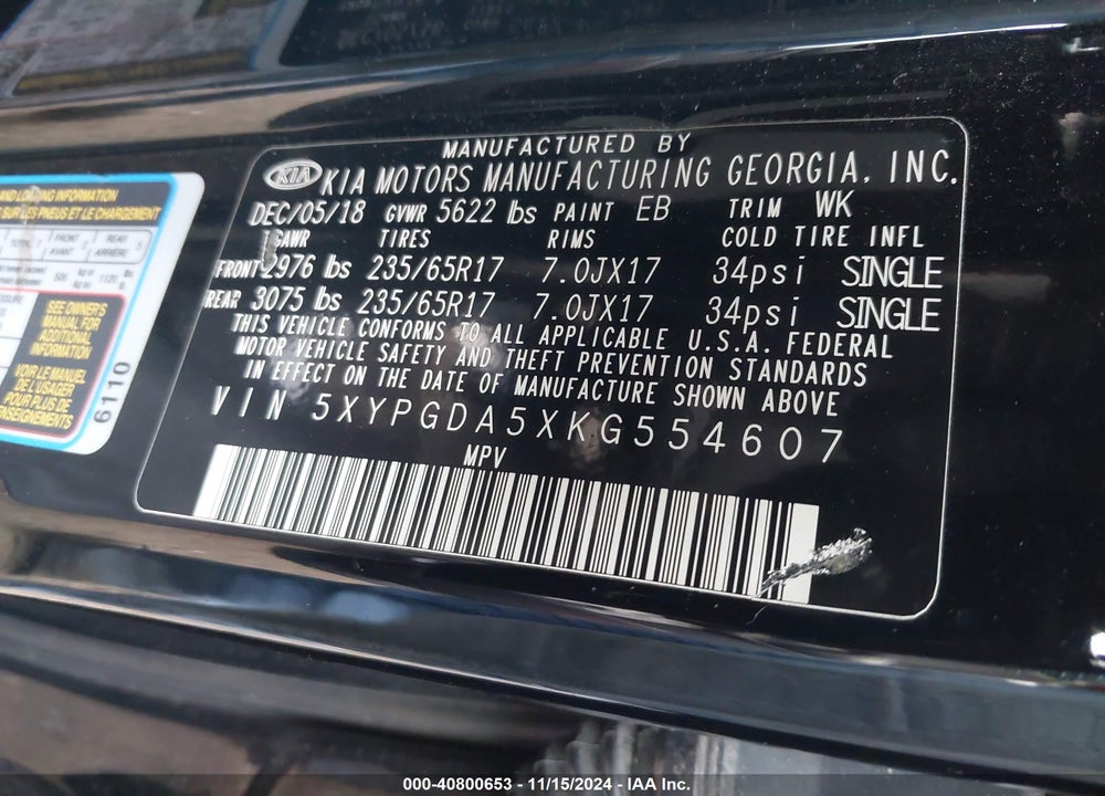 2019 KIA SORENTO 3.3L LX VIN: 5XYPGDA5XKG554607