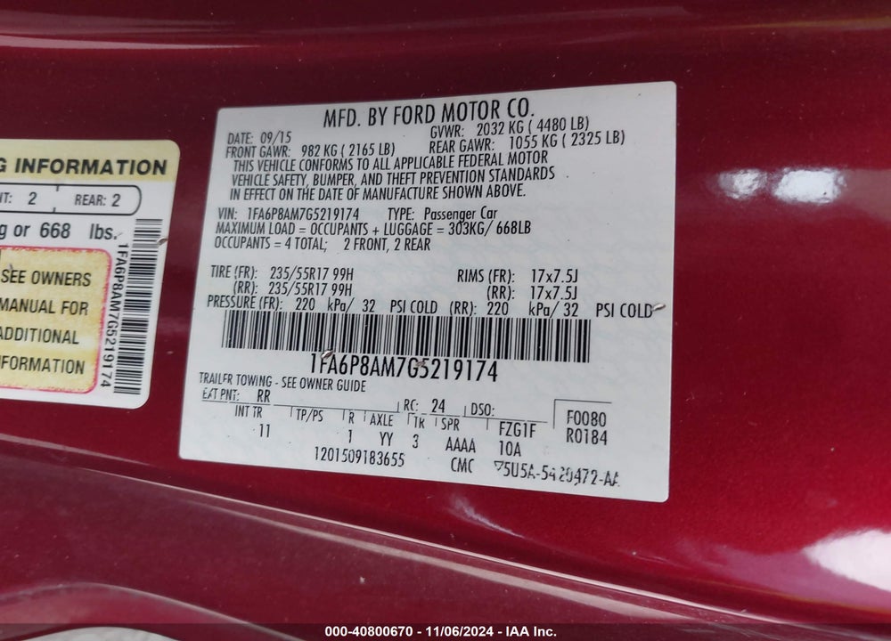 2016 FORD MUSTANG V6 VIN: 1FA6P8AM7G5219174