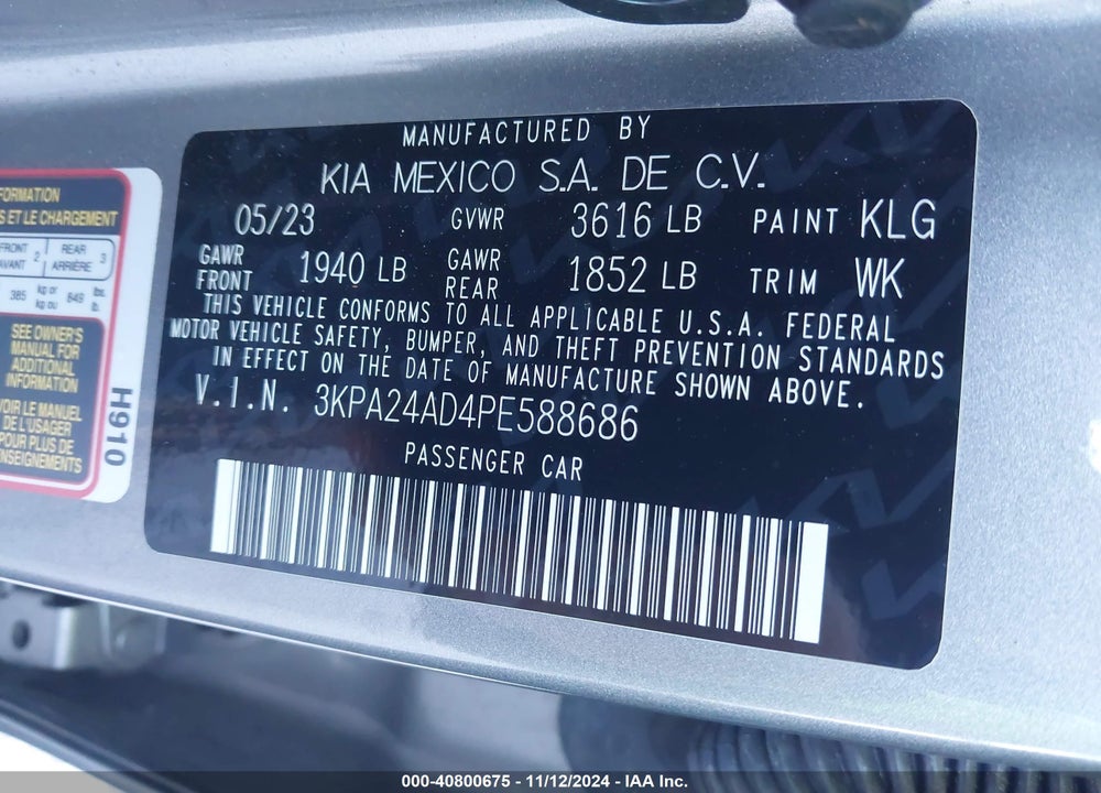 2023 KIA RIO S VIN: 3KPA24AD4PE588686