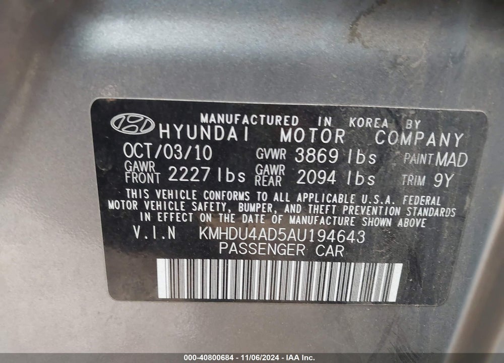 2010 HYUNDAI ELANTRA GLS VIN: KMHDU4AD5AU194643