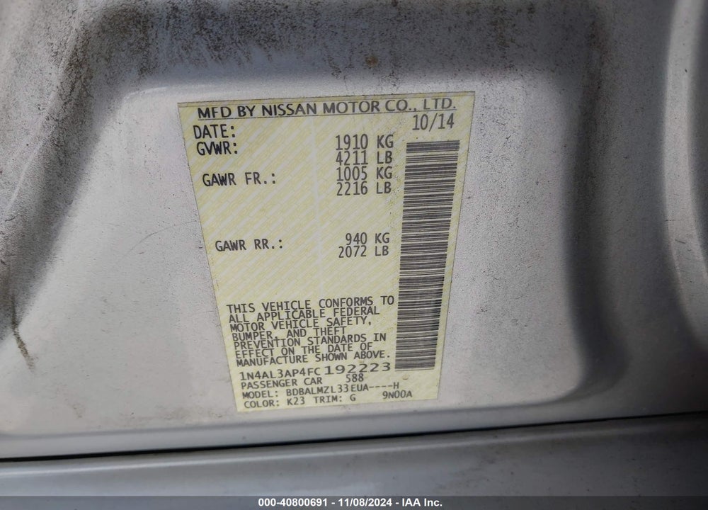 2015 NISSAN ALTIMA 2.5 SV VIN: 1N4AL3AP4FC192223