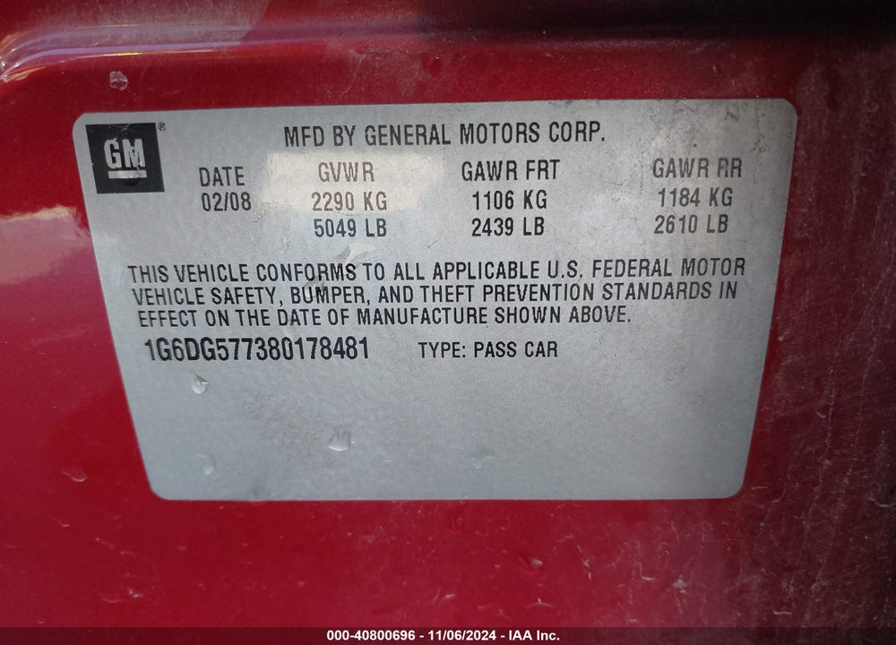 2008 CADILLAC CTS STANDARD VIN: 1G6DG577380178481