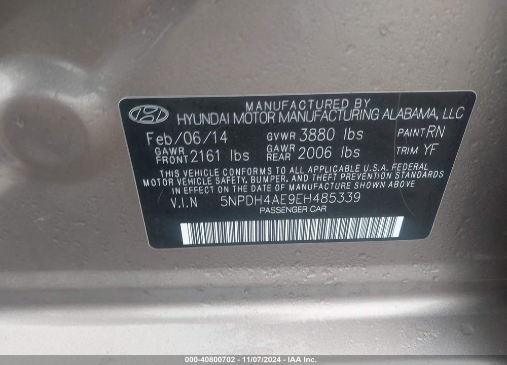 2014 HYUNDAI ELANTRA LIMITED VIN: 5NPDH4AE9EH485339