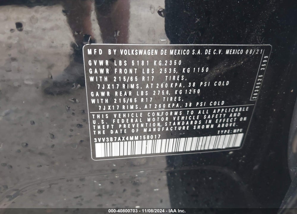 2021 VOLKSWAGEN TIGUAN 2.0T SE/2.0T SE R-LINE BLACK/2.0T SEL VIN: 3VV3B7AX4MM158017