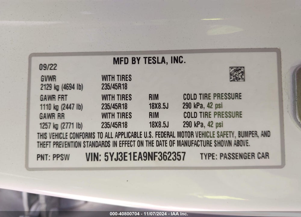2022 TESLA MODEL 3 REAR-WHEEL DRIVE VIN: 5YJ3E1EA9NF362357