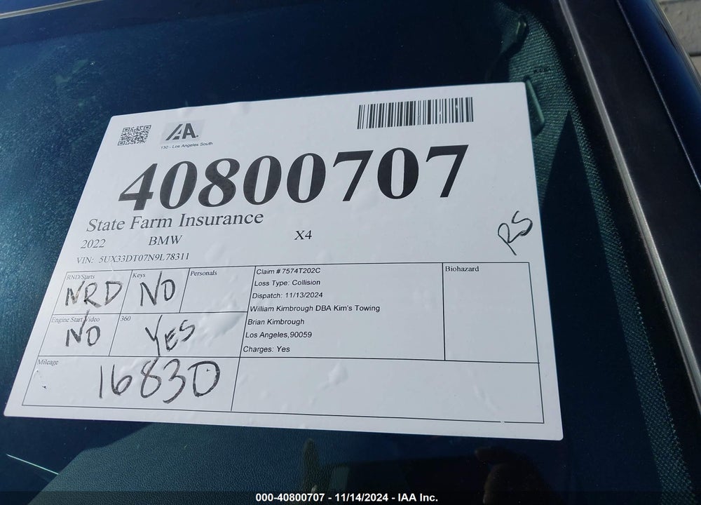 2022 BMW X4 XDRIVE30I VIN: 5UX33DT07N9L78311