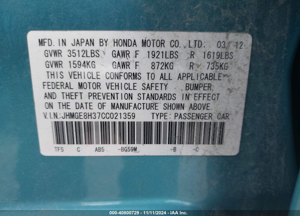 2012 HONDA FIT VIN: JHMGE8H37CC021359