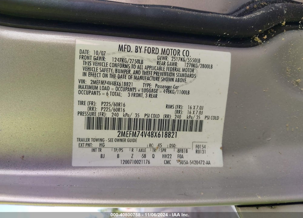 2008 MERCURY GRAND MARQUIS GS VIN: 2MEFM74V48X618821
