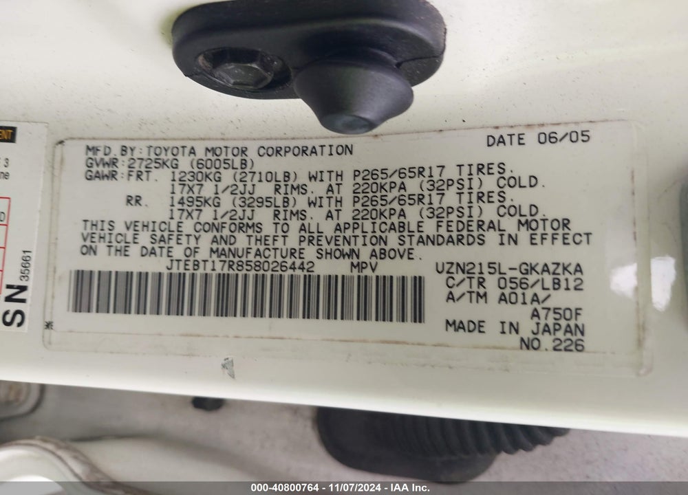 2005 TOYOTA 4RUNNER LIMITED V8 VIN: JTEBT17R858026442