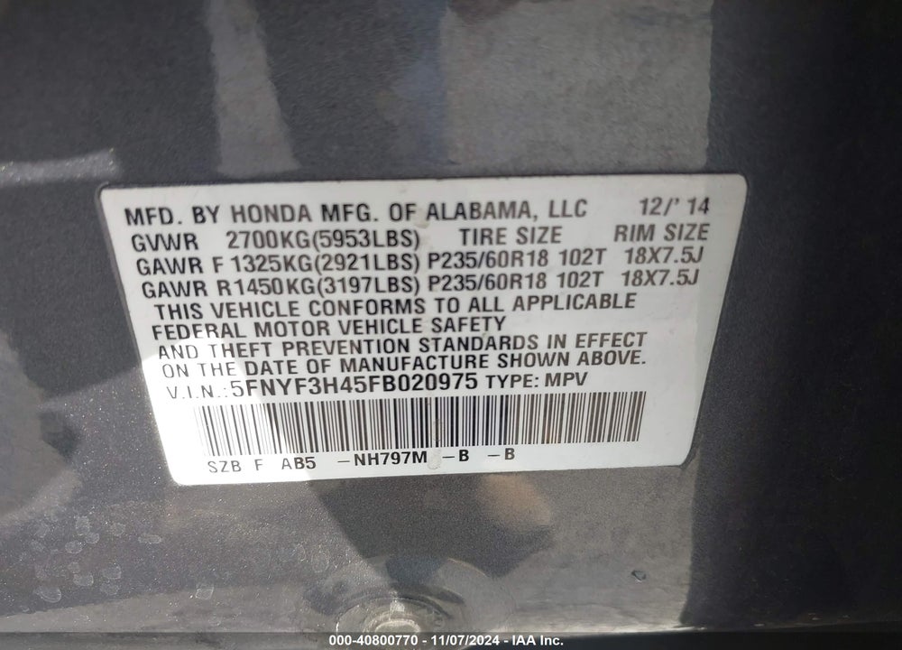 2015 HONDA PILOT EX VIN: 5FNYF3H45FB020975