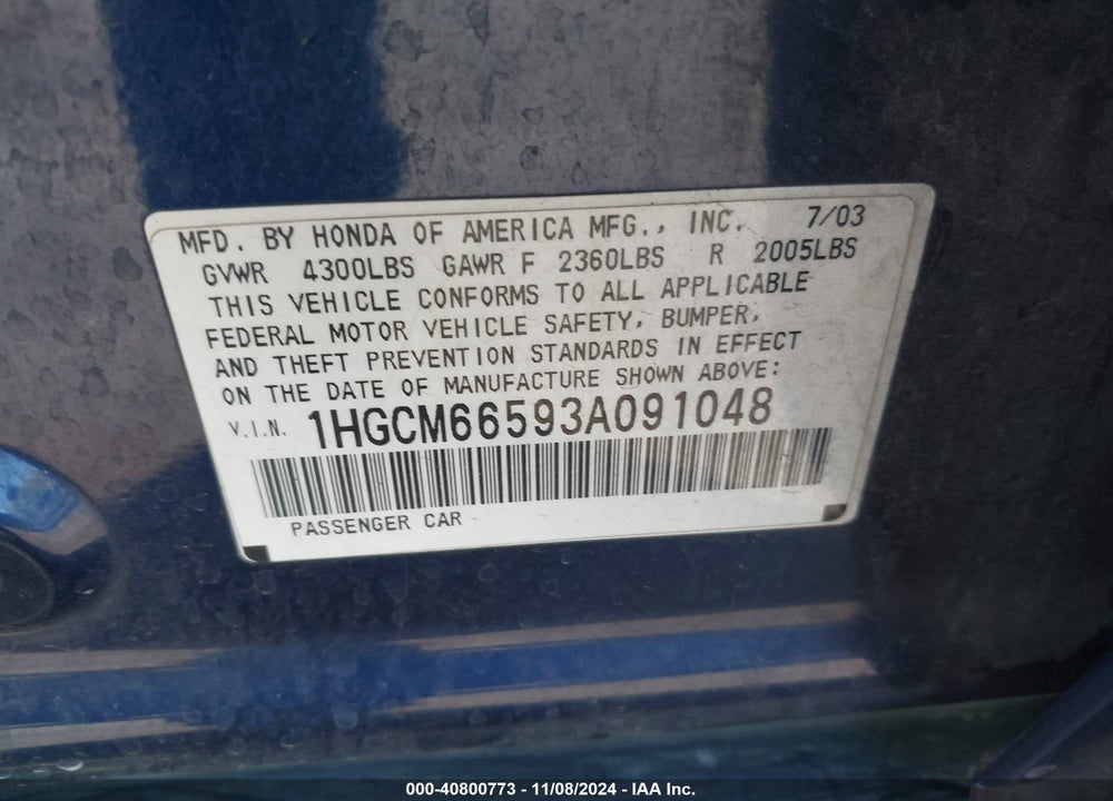 2003 HONDA ACCORD 3.0 EX VIN: 1HGCM66593A091048