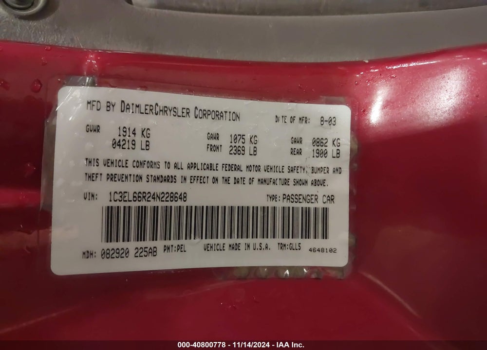 2004 CHRYSLER SEBRING LIMITED VIN: 1C3EL66R24N228648
