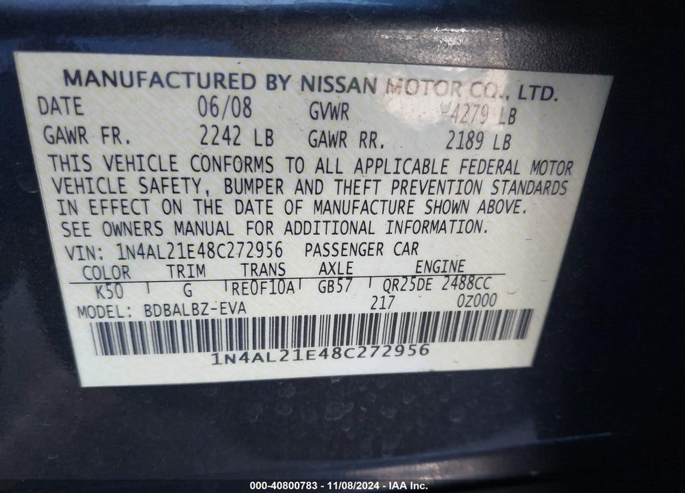 2008 NISSAN ALTIMA 2.5 S VIN: 1N4AL21E48C272956