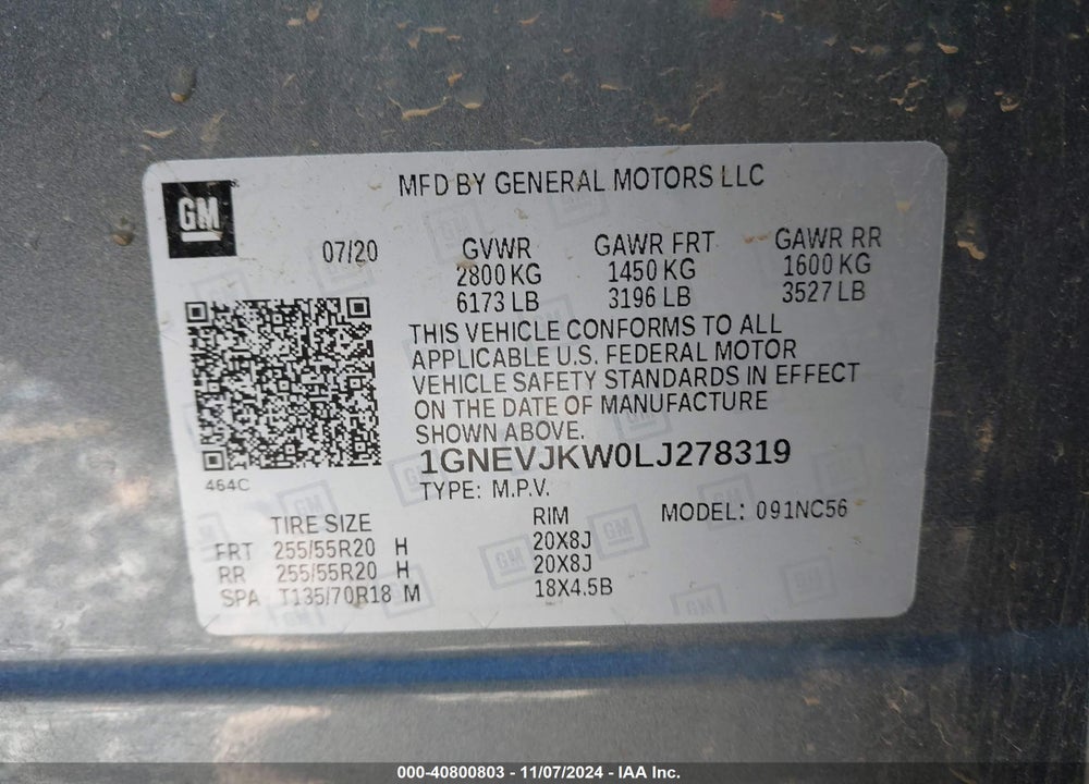 2020 CHEVROLET TRAVERSE AWD RS VIN: 1GNEVJKW0LJ278319