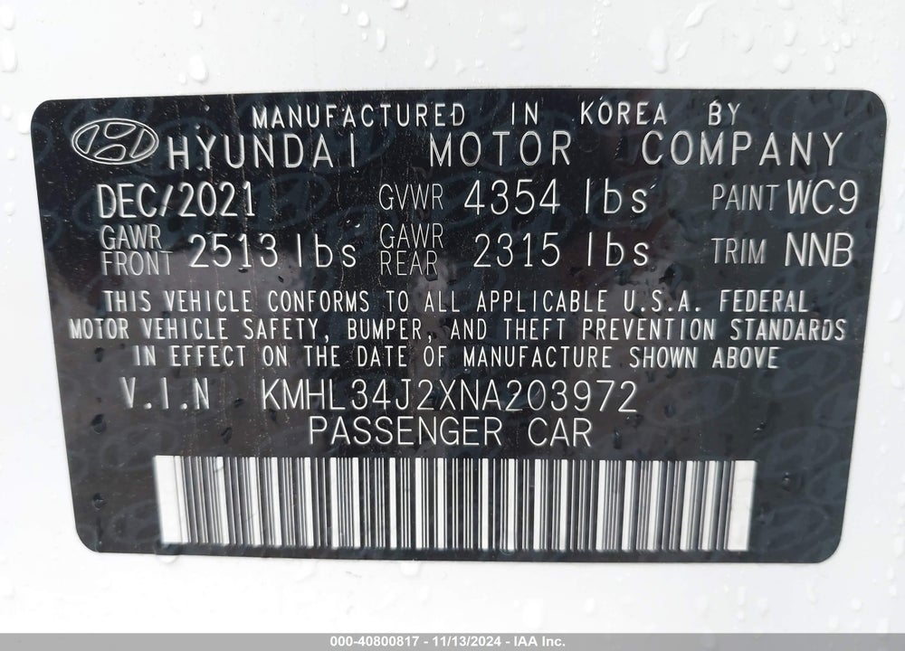2022 HYUNDAI SONATA LIMITED VIN: KMHL34J2XNA203972