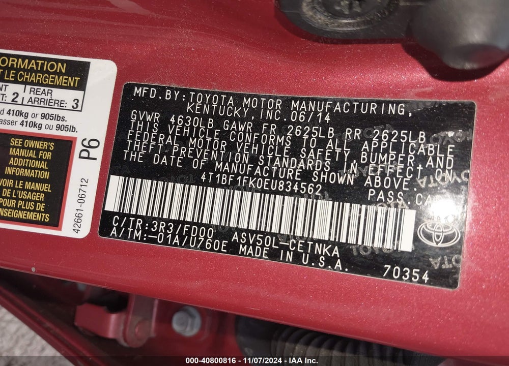 2014 TOYOTA CAMRY VIN: 4T1BF1FK0EU834562