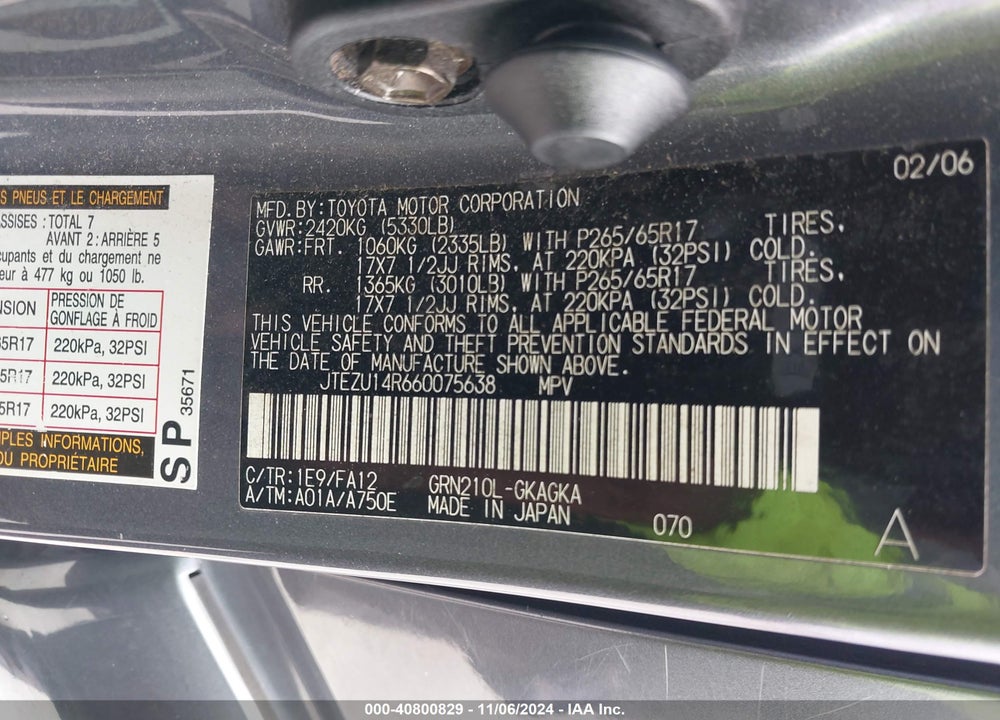 2006 TOYOTA 4RUNNER SR5 V6 VIN: JTEZU14R660075638