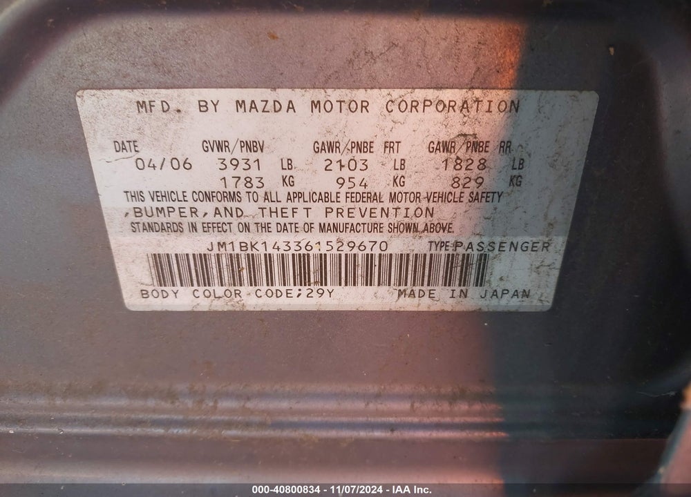 2006 MAZDA 3 S VIN: JM1BK143361529670
