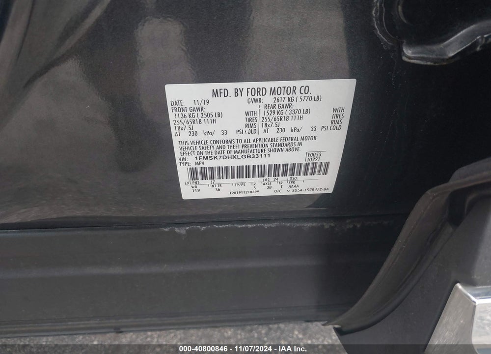 2020 FORD EXPLORER XLT VIN: 1FMSK7DHXLGB33111