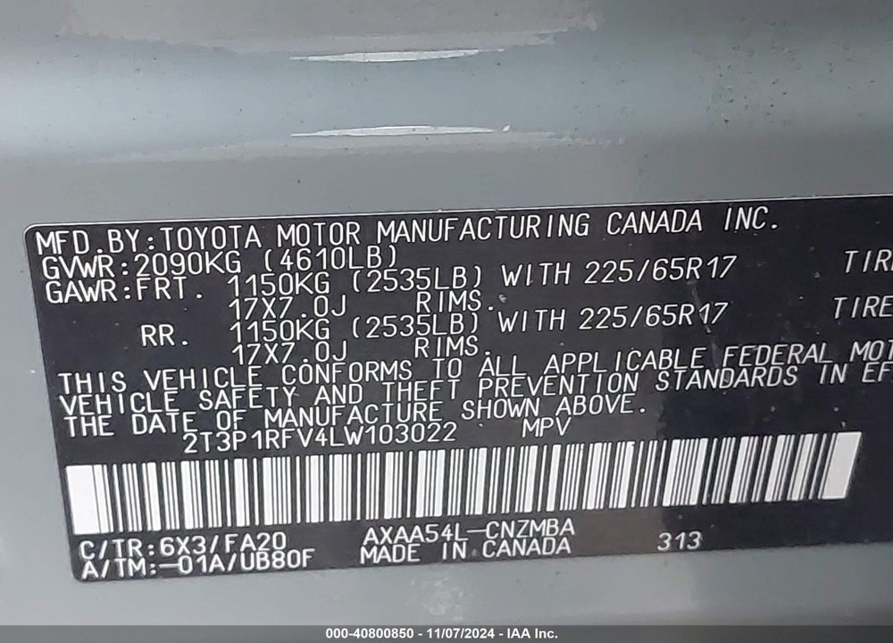 2020 TOYOTA RAV4 XLE VIN: 2T3P1RFV4LW103022