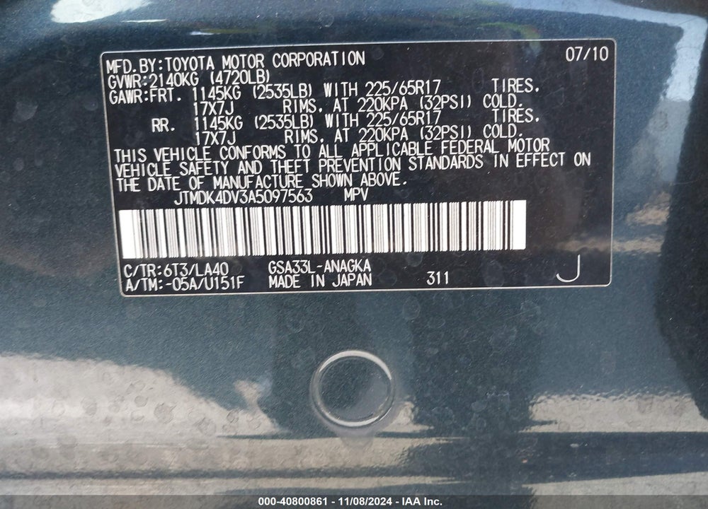 2010 TOYOTA RAV4 LIMITED V6 VIN: JTMDK4DV3A5097563