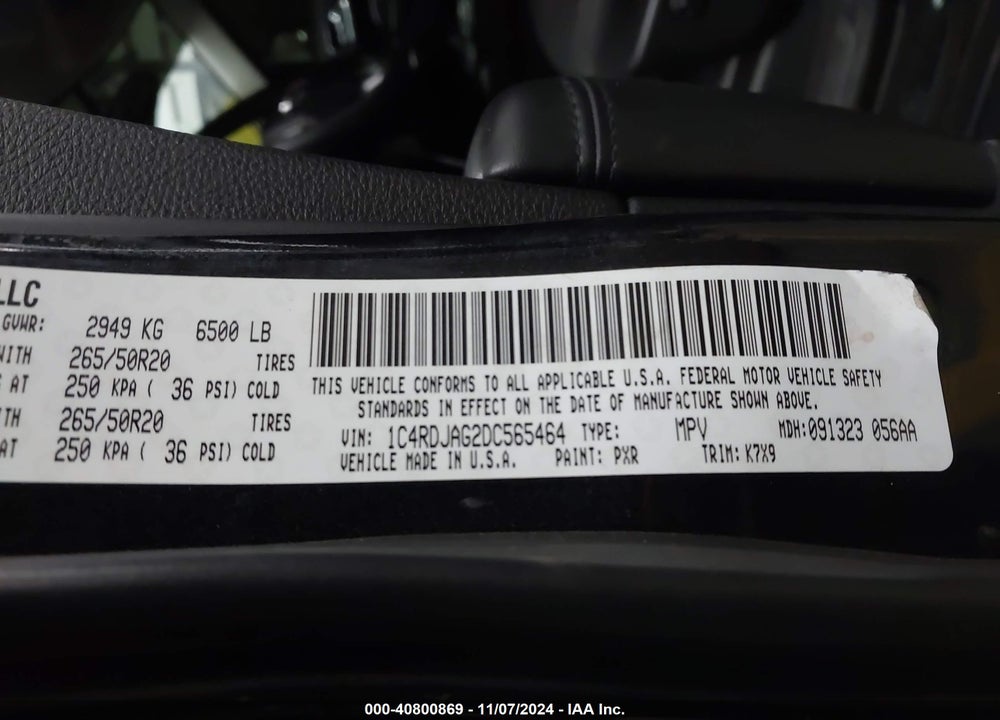 2013 DODGE DURANGO SXT VIN: 1C4RDJAG2DC565464
