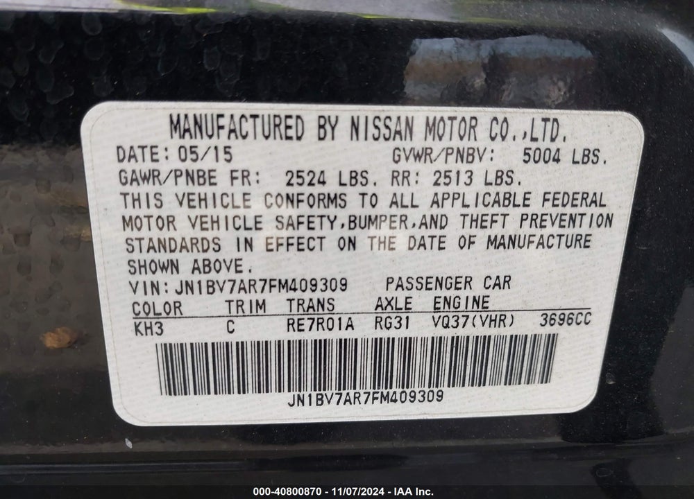 2015 INFINITI Q50 PREMIUM VIN: JN1BV7AR7FM409309