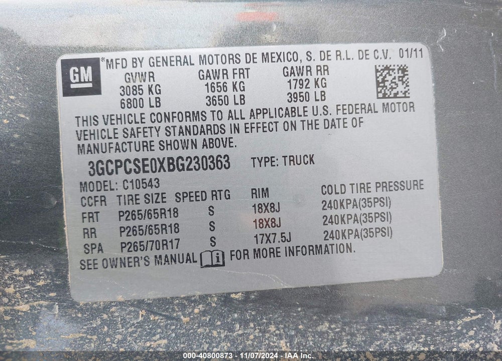 2011 CHEVROLET SILVERADO 1500 LT VIN: 3GCPCSE0XBG230363