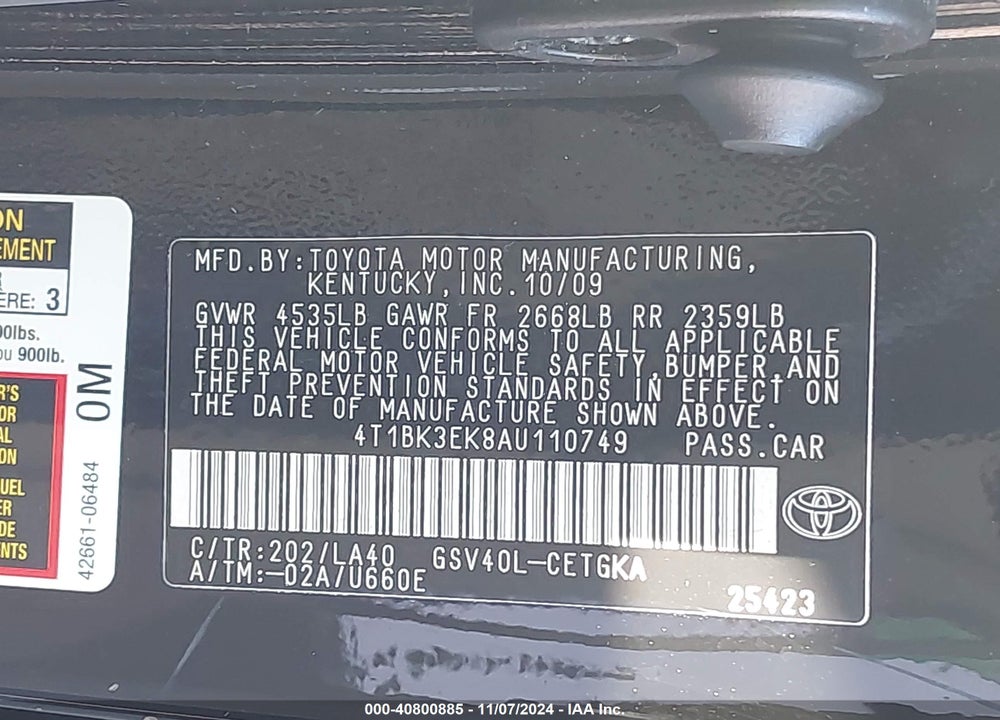 2010 TOYOTA CAMRY XLE V6 VIN: 4T1BK3EK8AU110749