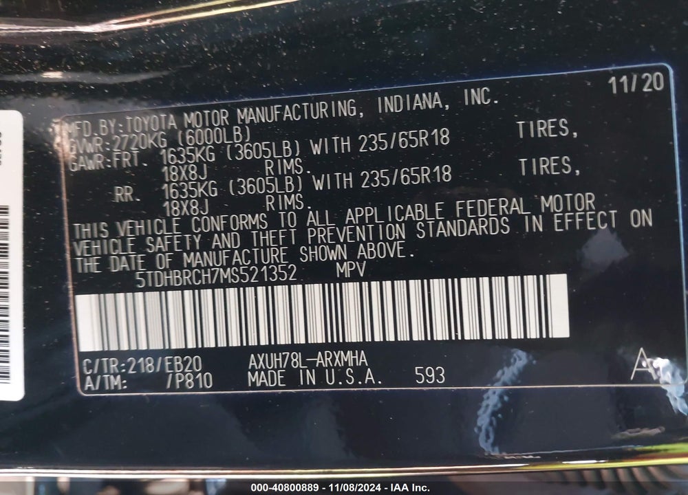 2021 TOYOTA HIGHLANDER HYBRID XLE VIN: 5TDHBRCH7MS521352