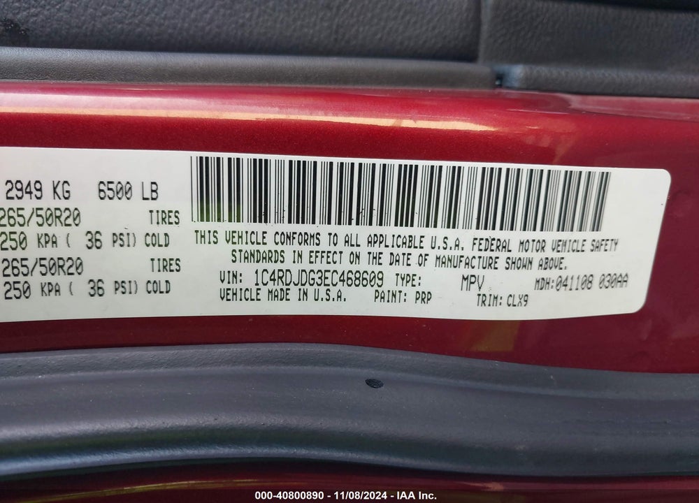 2014 DODGE DURANGO VIN: 1C4RDJDG3EC468609