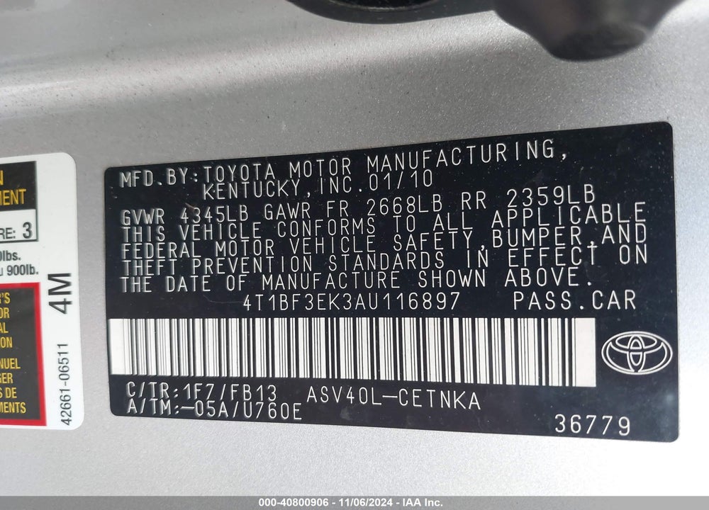 2010 TOYOTA CAMRY LE VIN: 4T1BF3EK3AU116897