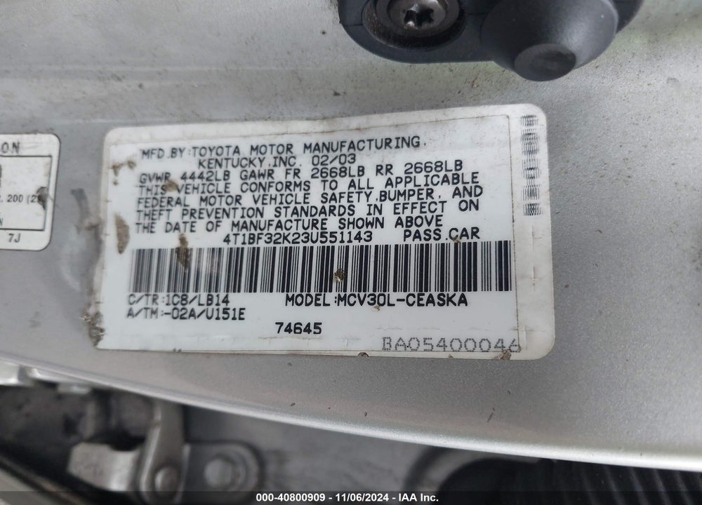 2003 TOYOTA CAMRY SE V6 VIN: 4T1BF32K23U551143