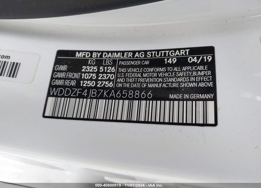 2019 MERCEDES-BENZ E 300 VIN: WDDZF4JB7KA658866