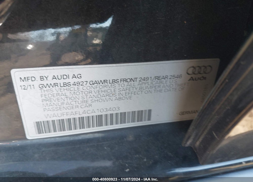 2012 AUDI A4 2.0T PREMIUM VIN: WAUFFAFL4CA103403