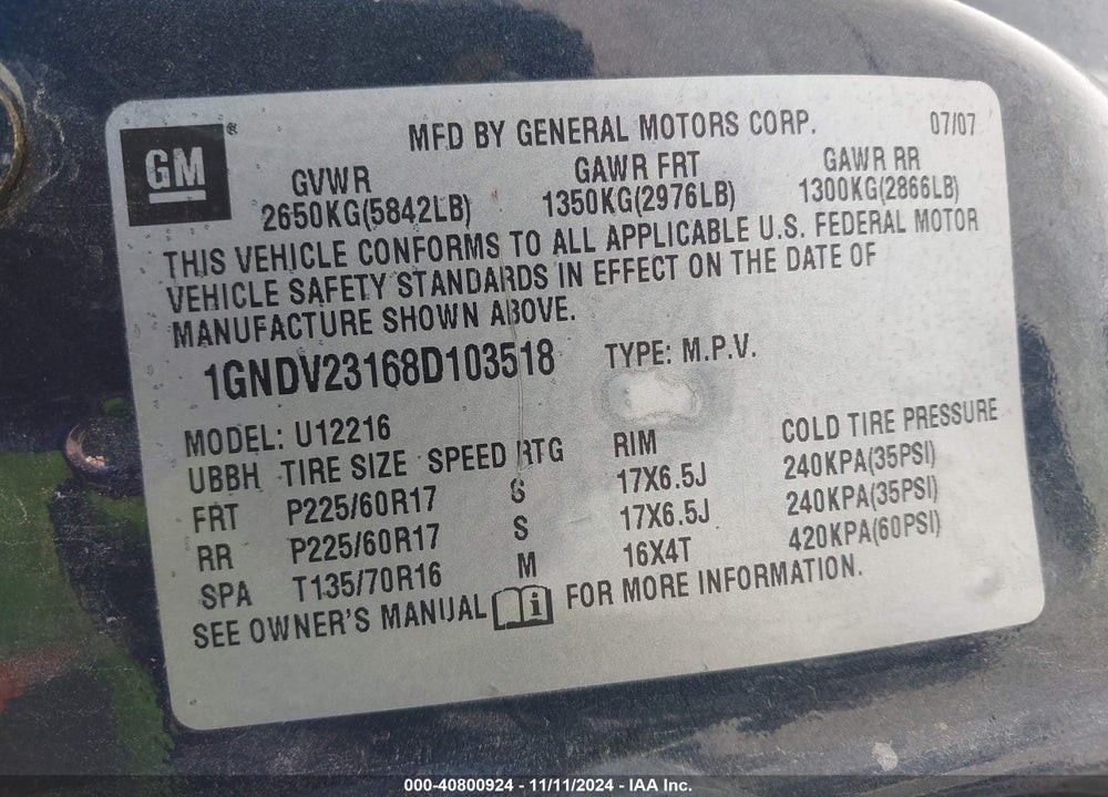 2008 CHEVROLET UPLANDER LS VIN: 1GNDV23168D103518