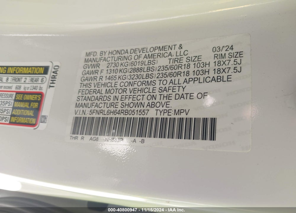 2024 HONDA ODYSSEY EX-L VIN: 5FNRL6H64RB051557