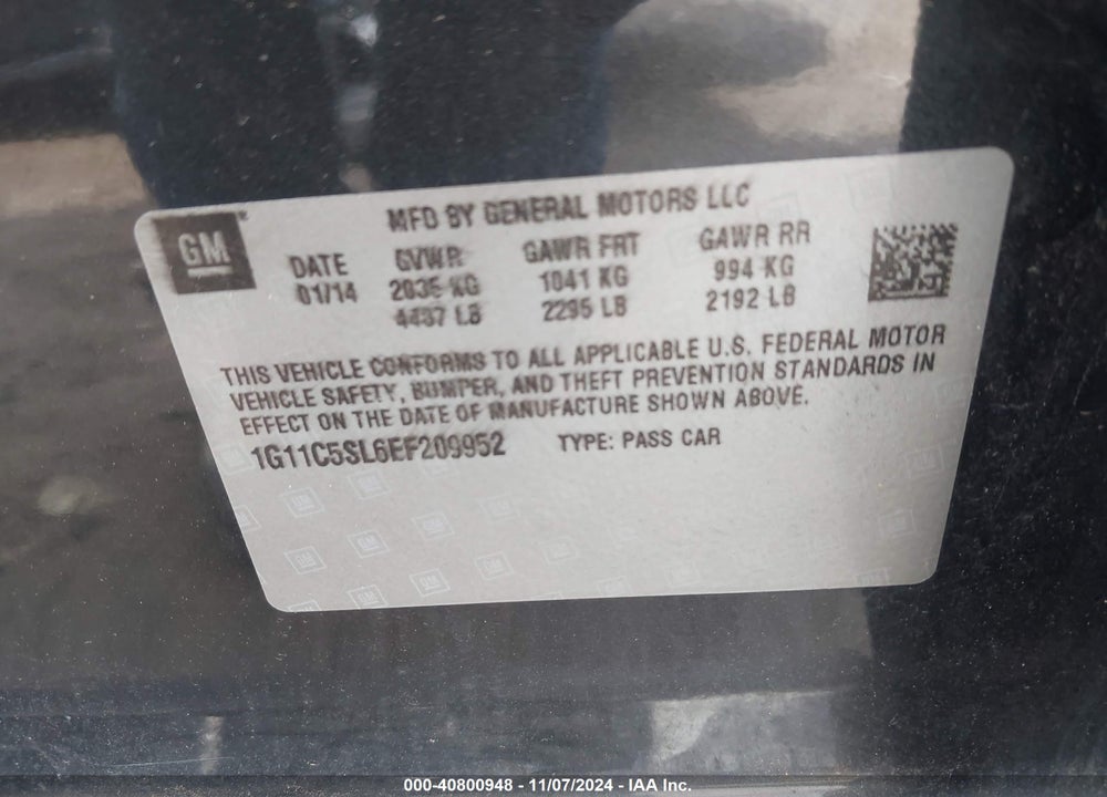 2014 CHEVROLET MALIBU 1LT VIN: 1G11C5SL6EF209952