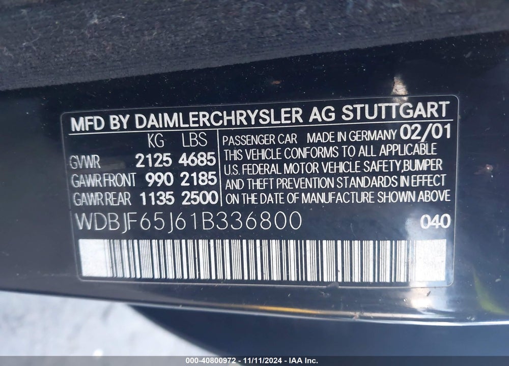 2001 MERCEDES-BENZ E 320 VIN: WDBJF65J61B336800