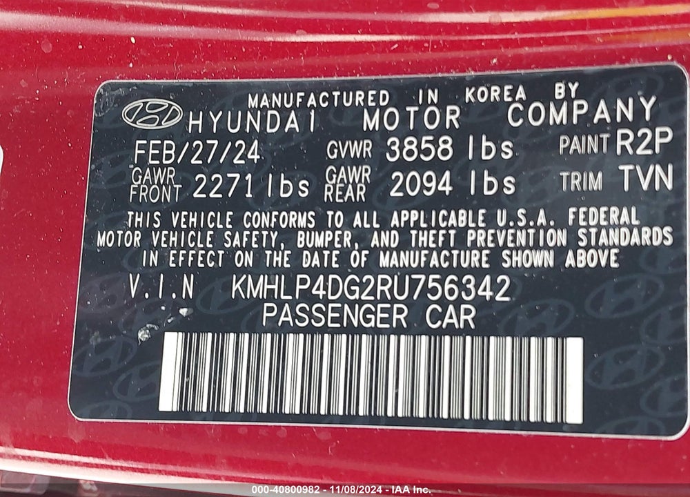 2024 HYUNDAI ELANTRA LIMITED VIN: KMHLP4DG2RU756342
