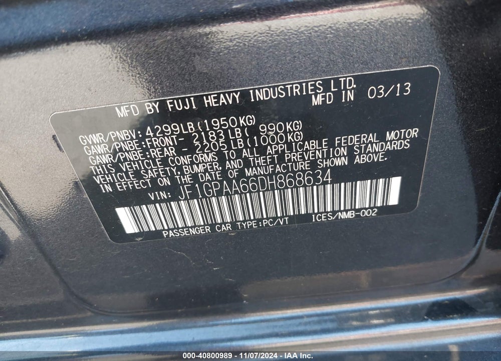 2013 SUBARU IMPREZA 2.0I VIN: JF1GPAA66DH868634