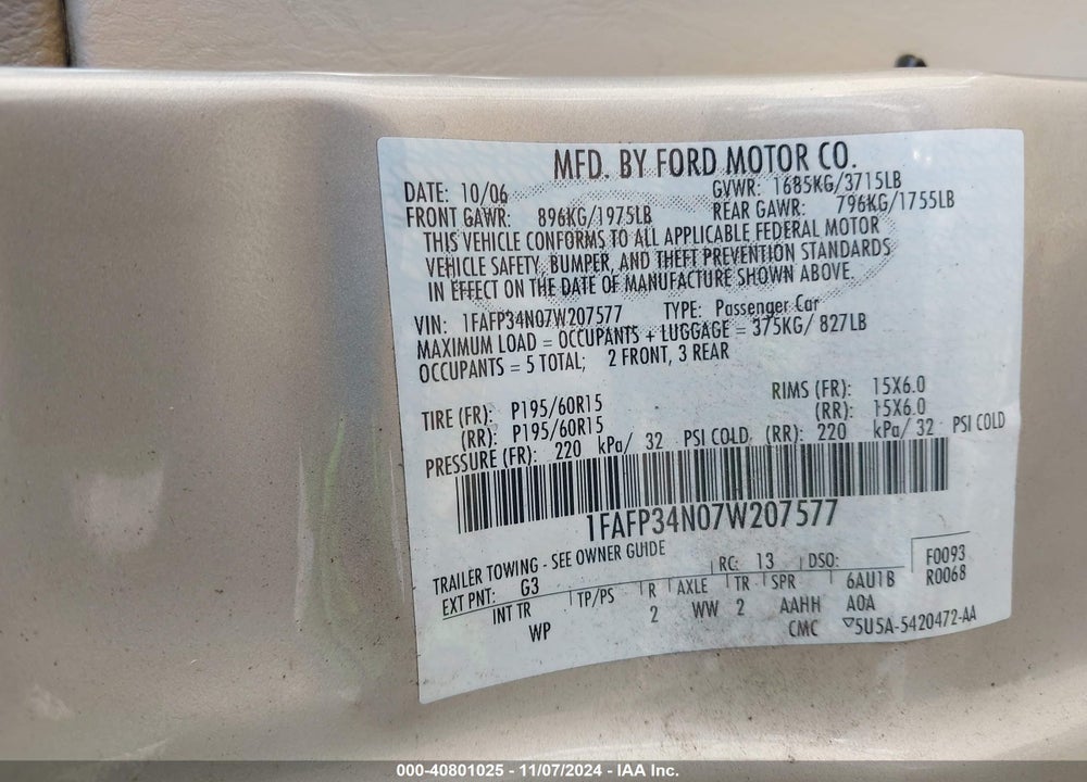 2007 FORD FOCUS S/SE/SES VIN: 1FAFP34N07W207577
