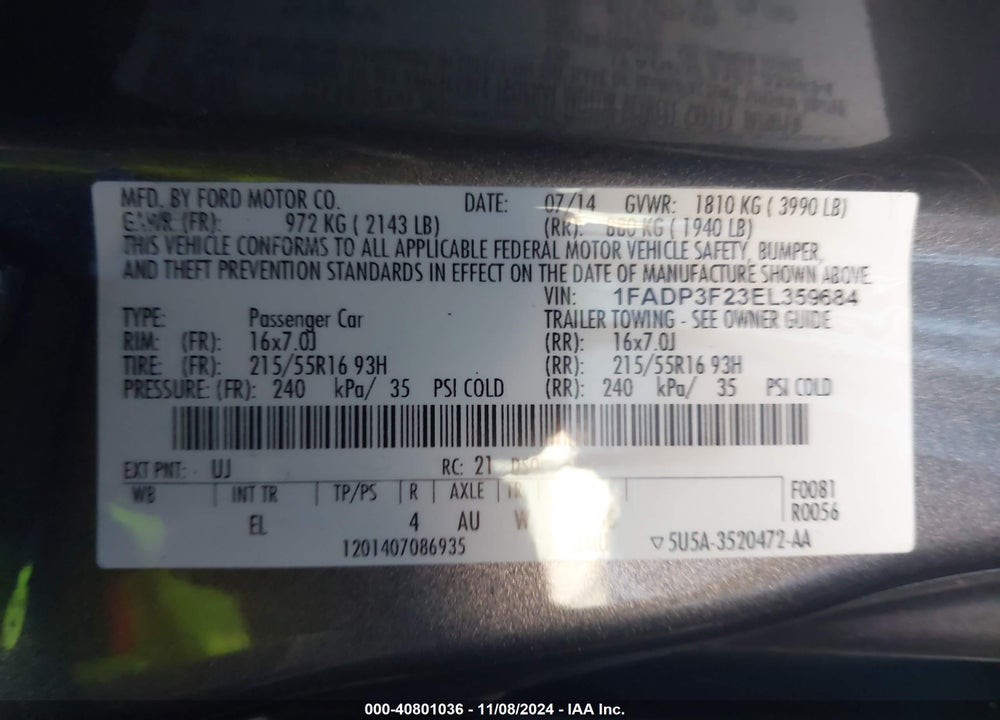 2014 FORD FOCUS SE VIN: 1FADP3F23EL359684